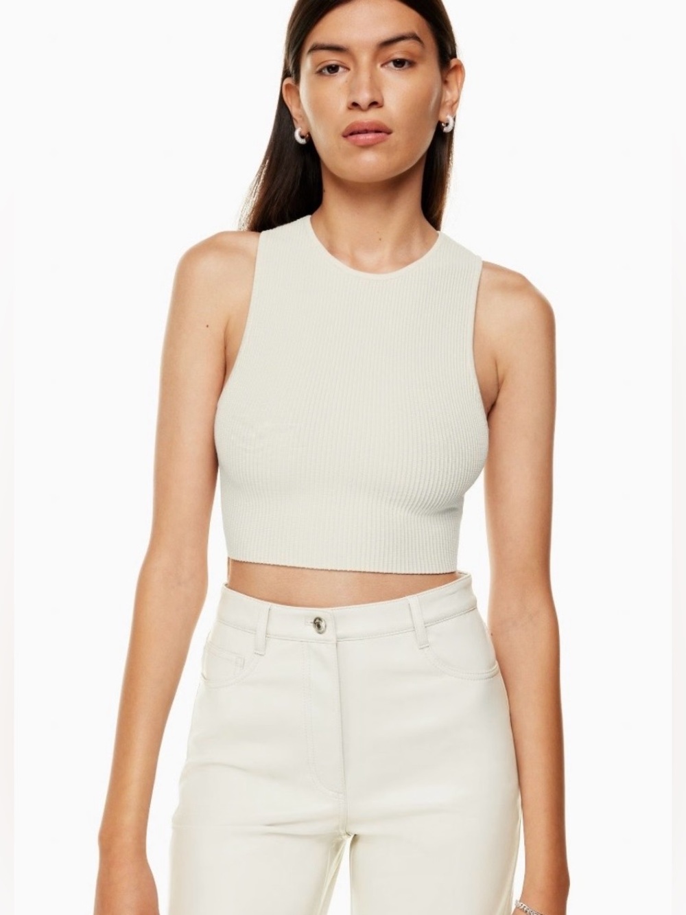 Aritzia BABATON Sculpt Knit Racer Cropped Tank Cree Neck Cream Color Small - Picture 8 of 11